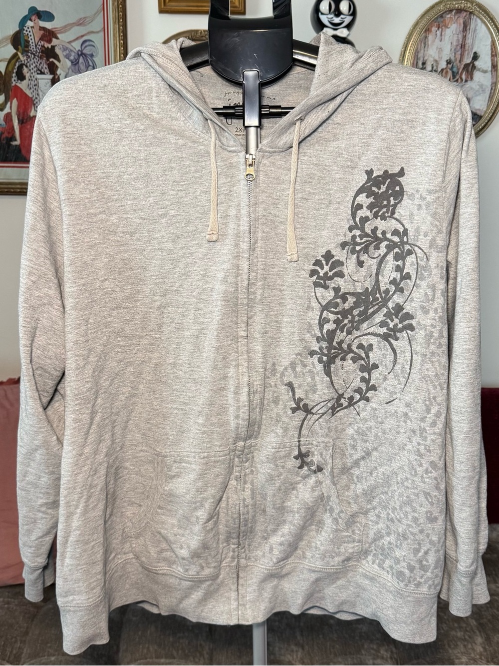 Y2K Jms Light Gray Zip Hoodie with Floral and Animal Print